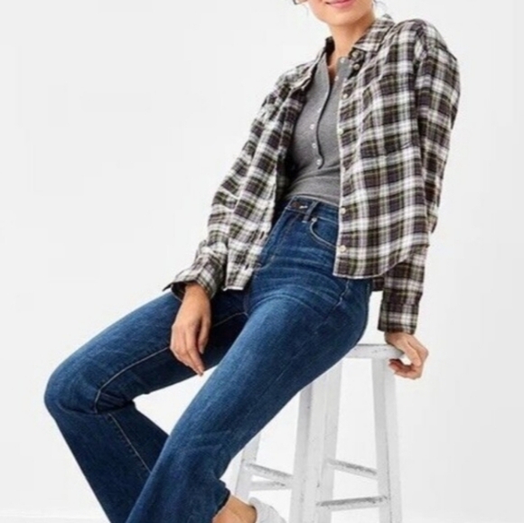 Ae | Cozy Cropped Tartan Flannel Blue Plaid Elbow Patches Womens Small S - Picture 13 of 13